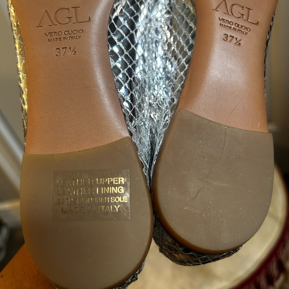 AGL Metallic Snakeskin print Soft Pointy Toes Loafers Sz 7.5 made in Italy - Picture 10 of 11